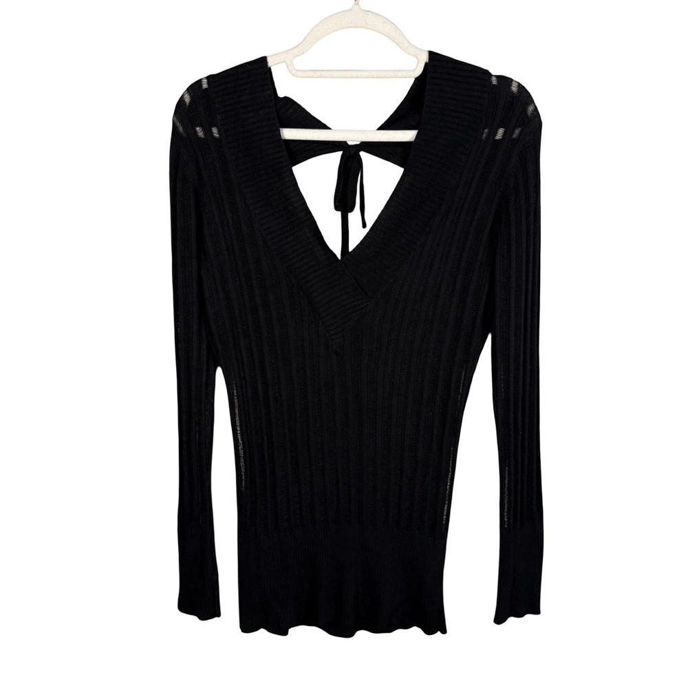 Foxy Jeans Y2K Retro Black Ribbed Knit V Neck Sweater Size S Open Back